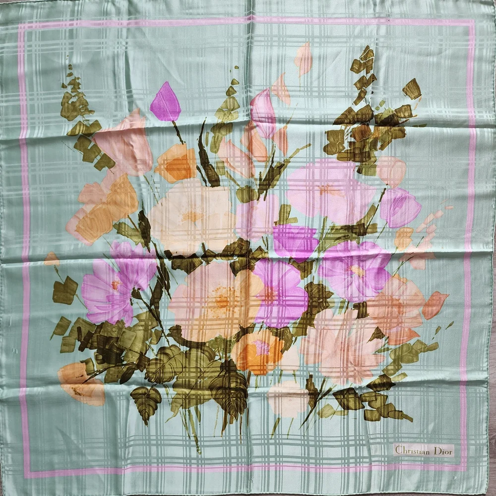 Auth Dior Pastel Plaid Sage Green Silk Scarf